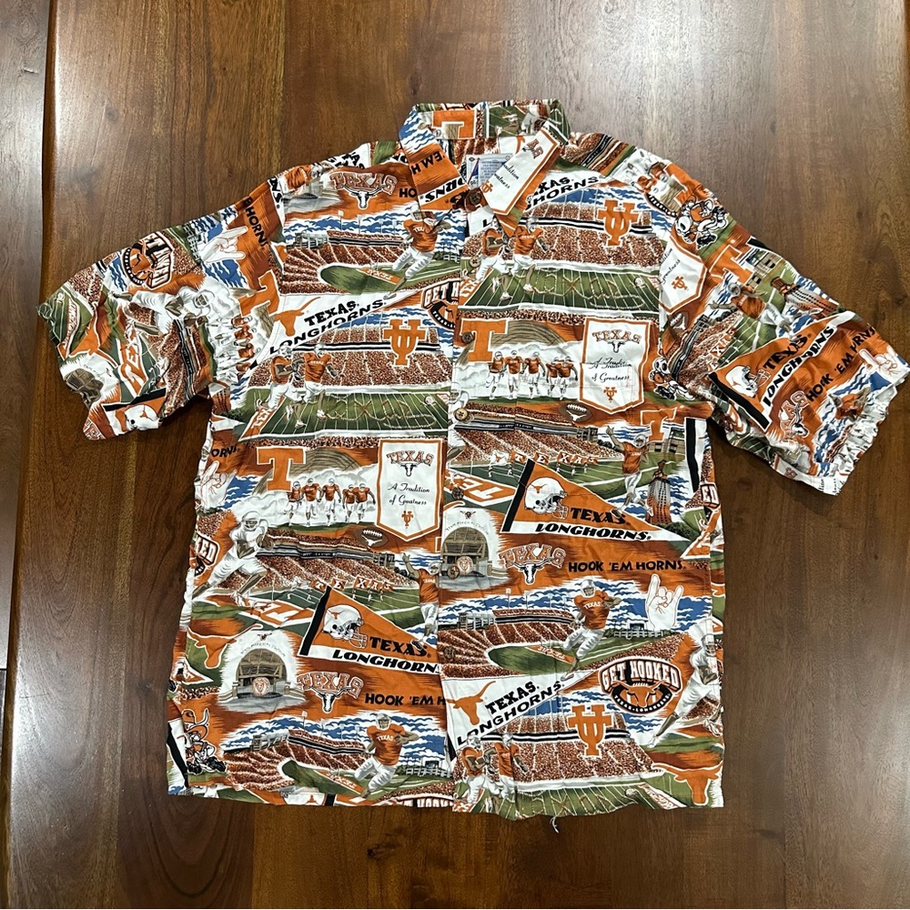 Reyn Spooner University of Texas UT Austin Longhorn Hawaiian Shirt Football Sz L